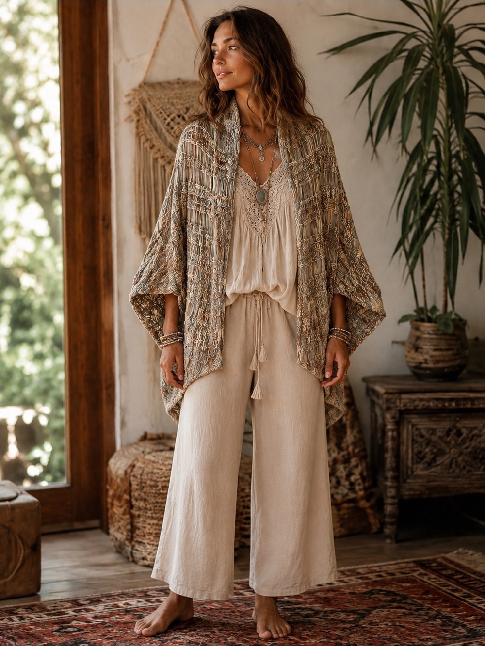 Bohemian Beige& Brown Crochet-Detail Knit Poncho Shrug